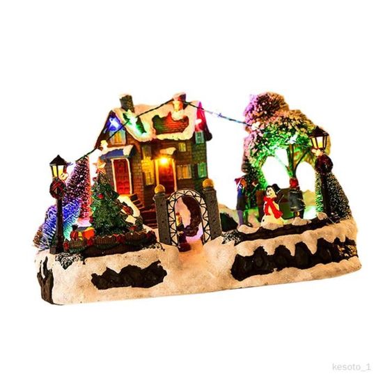 Décoration de Noël en Résine Cottage Ville - Petite Maison Lumineuse Musique Éclairage LED Blanc Chaud Décoration de Mariage de Noël Décoration de Bureau