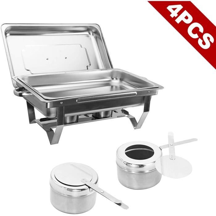 4Pcs Chafing Dish en Acier Inoxydable Réchauffeur de Nourriture 9L Chauffe Plate Plateau de Chauffage Réchaud Plat Chauffage Buffet