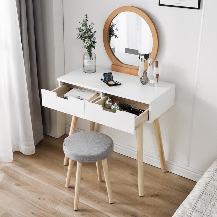 Coiffeuse Table de Maquillage avec 2 Tiroirs/Miroir en forme lune/Tabouret, Design Magnifiquement sculpté Blanche et couleur de boi