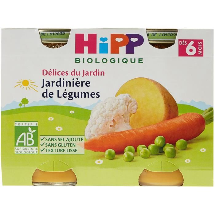 Repas légumes bébé Hipp Biologique Délices du Jardin Jardinière de Légumes dès 6 et 8 mois - 12 pots de 190 g 3088