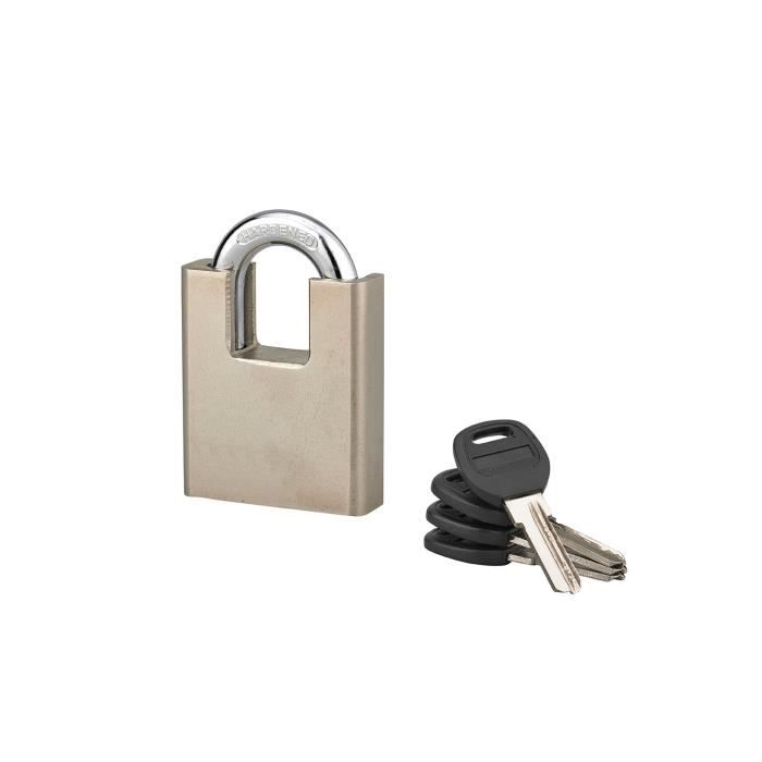 Serrurerie de Picardie - Cadenas rectangulaire 60mm acier nickelé anse protégée 4 clés réversibles