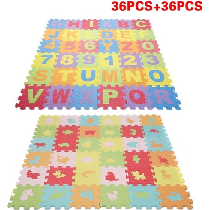 72 Pcs Puzzle tapis mousse alphabet et chiffres + basic animaux