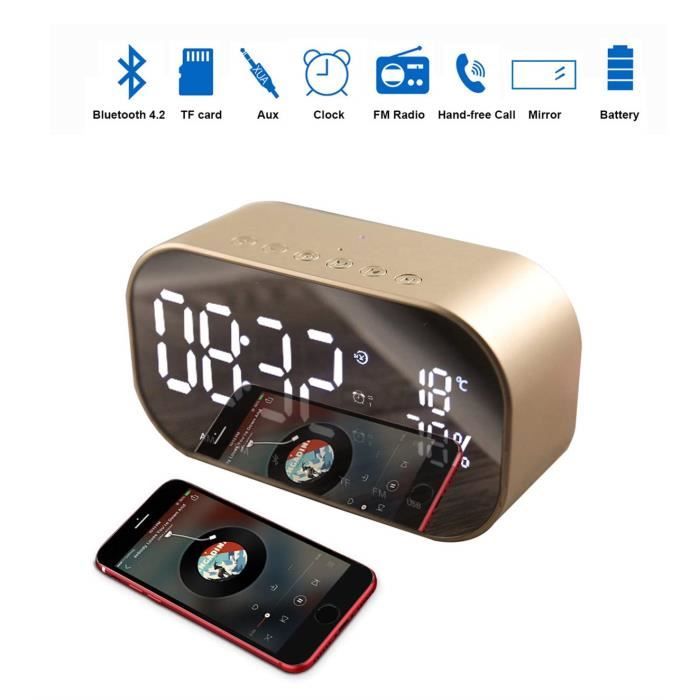 Réveil avec Radio FM sans fil Bluetooth, haut parleur, affichage miroir, Support Aux TF, lecteur de musique US*PD2567