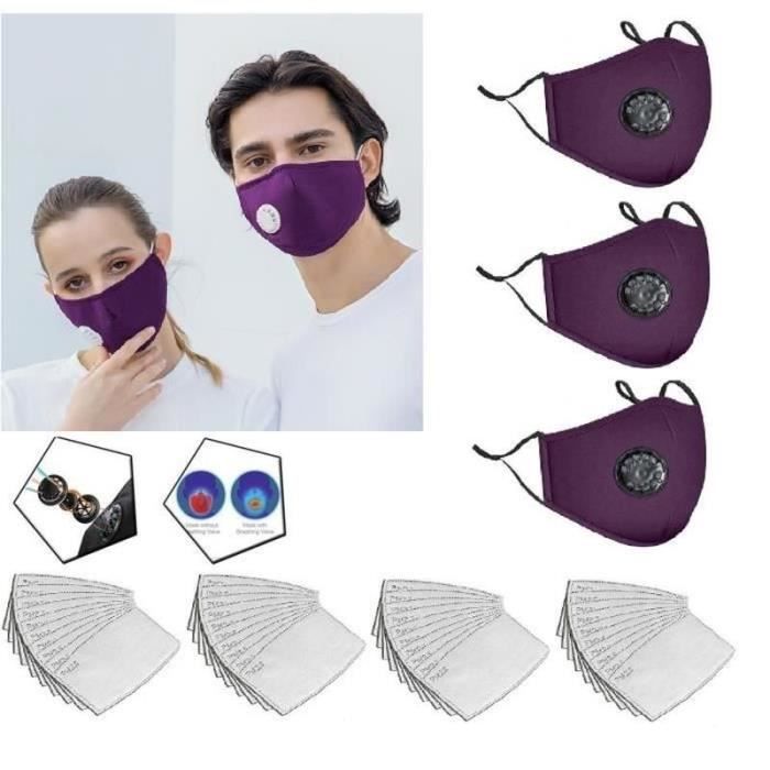 3 masques en tissu à la mode unisexes, lavables et réutilisables, 40 filtres remplaçables, violet