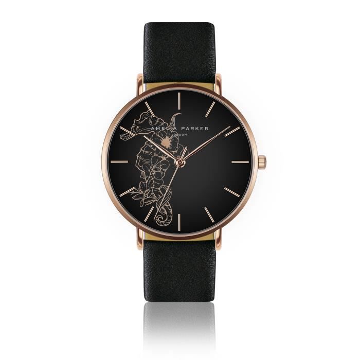 Montre cuir femme Amelia Parker Fossil Black - rose gold - 38 mm