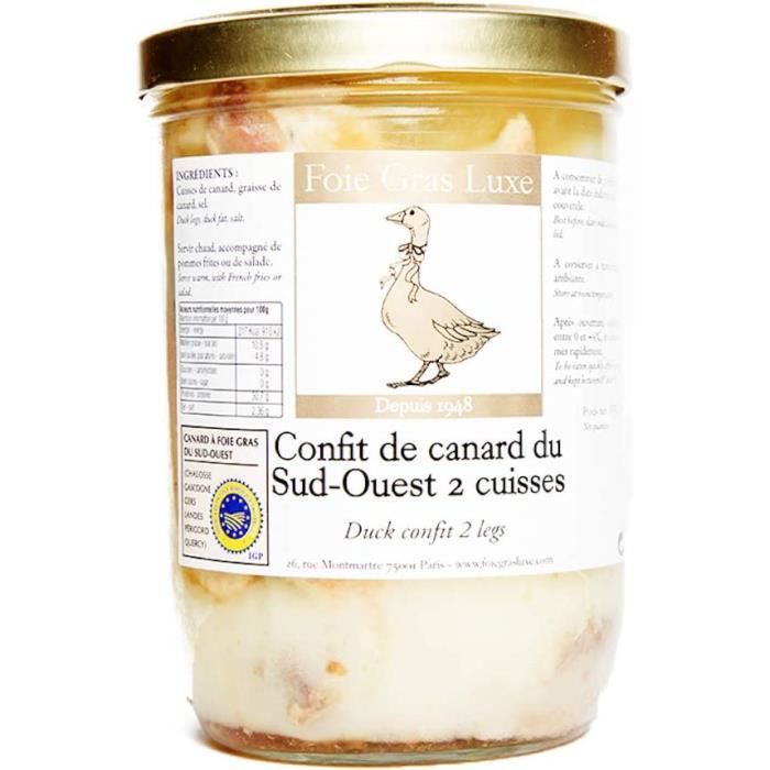 Confit de Canard du Sud-Ouest - 2 cuisses - 100% Landes FRANCE - 0% Conservateur, 0% additif, SANS OGM -1 à 2 personnes 650g