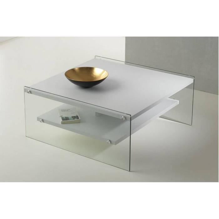 Table basse BELLA 2 plateaux blanc mat piétement en verre blanc verre trempé Inside75