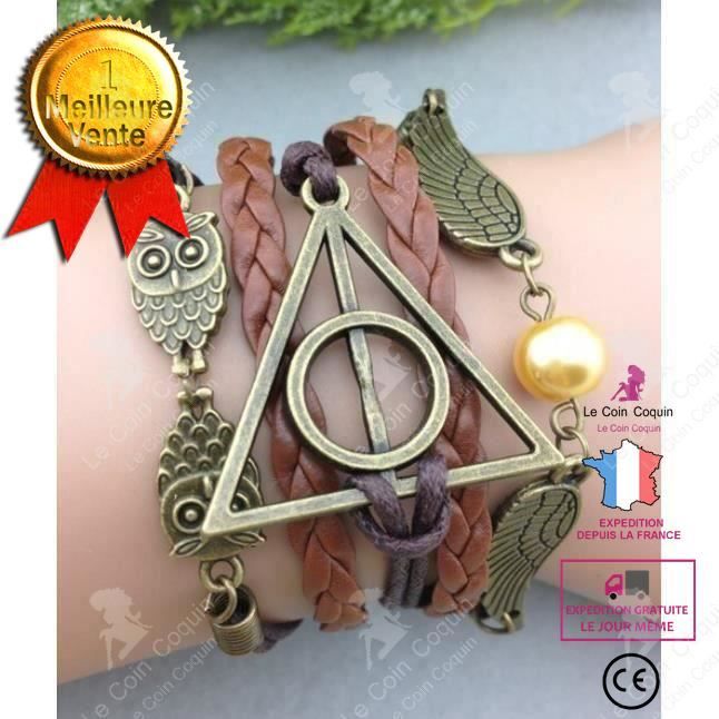 LCC® Bracelet ailes hiboux triangle RDLM Harry potter Bracelet avec cuir tressé et motif hiboux, triangle et ailes