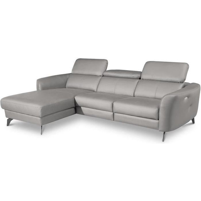 Canapé d'angle relax en cuir italien - Avec 1 relax électrique, 5 places - gris clair - angle gauche (vu de face) - BERTONI –