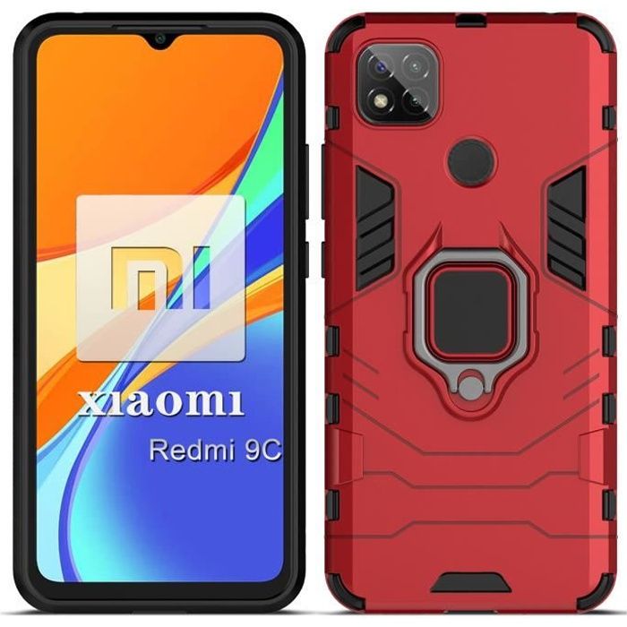 Coque Xiaomi Redmi 9C,Étui TPU PC Antichoc Housse Anti Rayure Cover Intégrée plaque de fer avec Bague Suppor - Rouge
