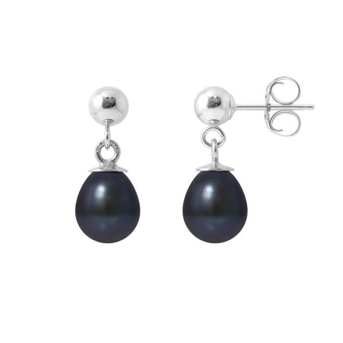 PERLINEA - Boucles d'Oreilles Comète - Véritables Perles de Culture d'Eau Douce Noires Poires 6-7 mm - Bijoux Femme