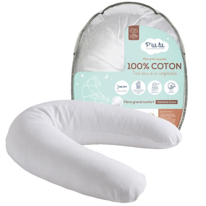 P'tit Lit - Coussin de Maternité et d'Allaitement - 100% Coton - Garnissage fibres creuses : Ultra Confort - Déhoussable -