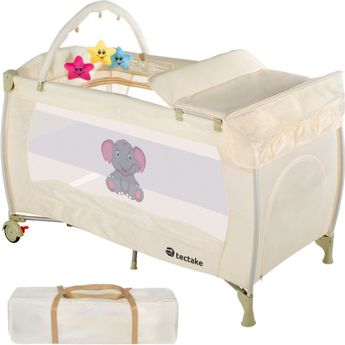 TECTAKE Lit parapluie DODO réglable en hauteur + Sac de transport 132 cm x 75 cm x 104 cm Beige