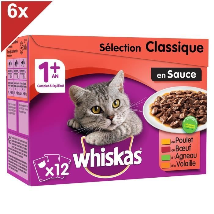 WHISKAS 72 Sachets fraîcheur sauce sélection classique pour chat 100g (6x12)