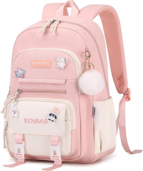 Cartable Fille Primaire Kawaii 20L – Sac à Dos Rose Léger Imperméable Avec Pendentif Et Badges, 8-14 Ans