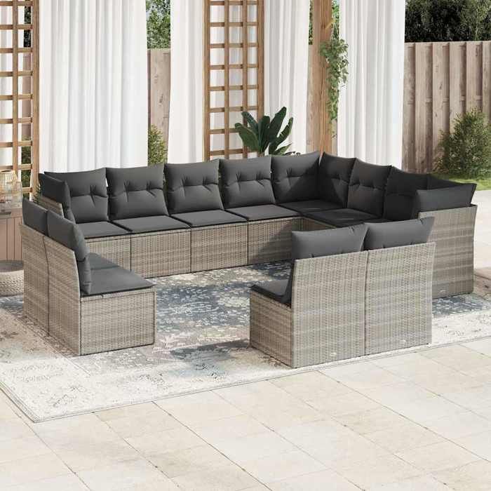 vidaXL Salon de Jardin avec Coussins 12 pcs Canapés de Terrasse Ensemble de Meubles dExtérieur Patio Moderne Gris Clair