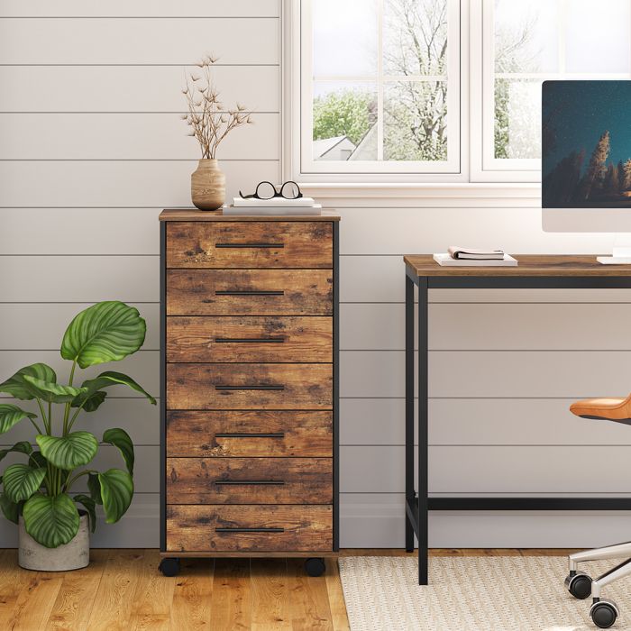 Caisson de Bureau 7 tiroirs-HOOBRO-Meuble de Rangement pour Dossier-Placard de Rangement Mobile-40 x 36 x 88 cm-Marron