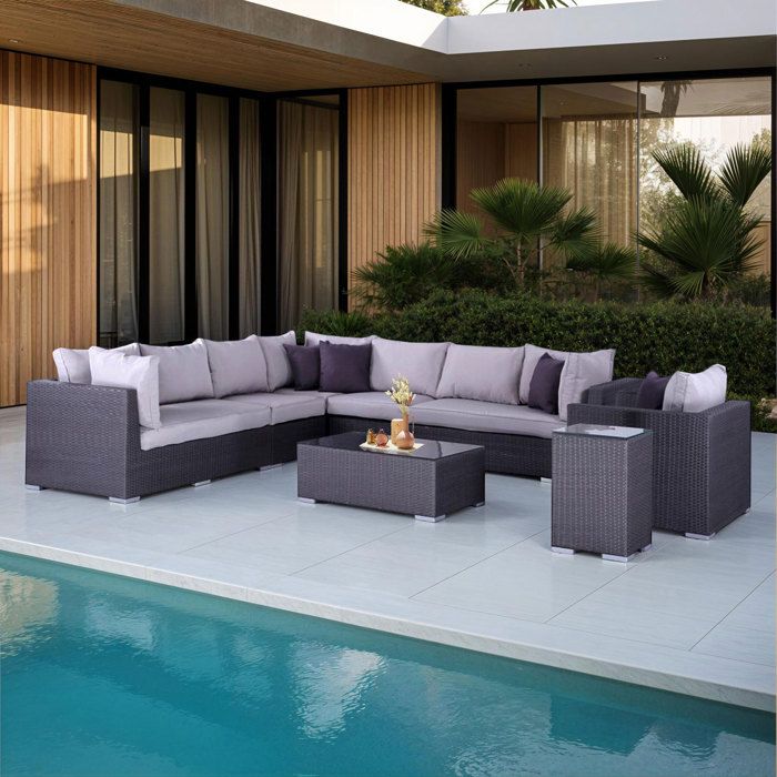 Salon de jardin en résine tressée 10 places VENISE gris coussins gris