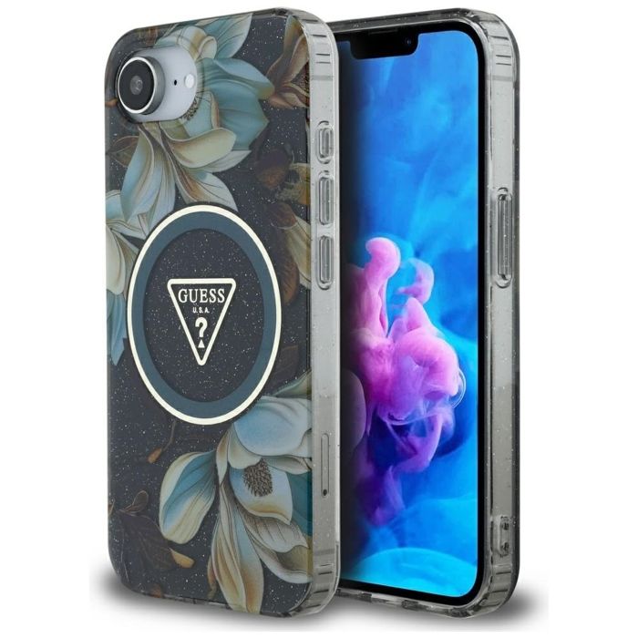 Coque Guess IML Metal Glitter Flowers Triangle MagSafe pour iPhone 16e