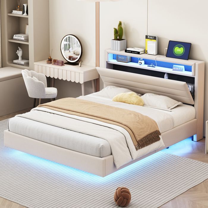 Lit tapis 140x200 cm avec prise USB et lumière LED tête tournable pied couvert lit double plat lit pour jeunes lit pour adult