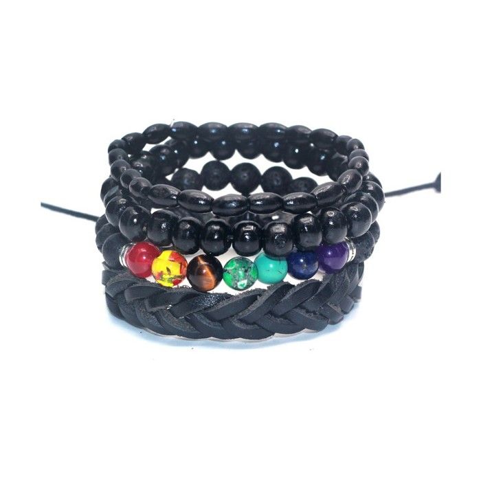 Combo 4 bracelets homme tendance en cuir bois et pierres