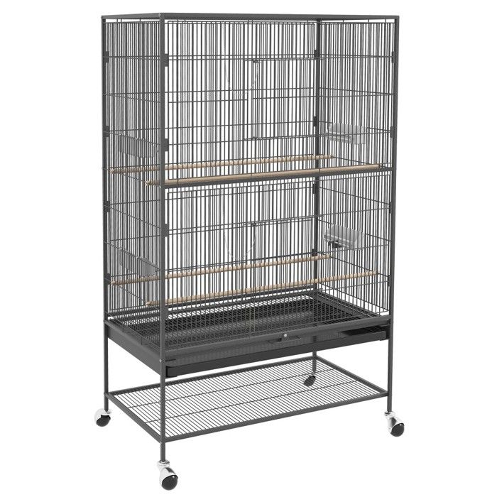 Comparer les prix de Volière - Cage Oiseau Avec Perchoirs Et Étagère 94x57x153 Cm Grise - Portes Et Roulettes Pour Facile Déplacement Et Nettoyage