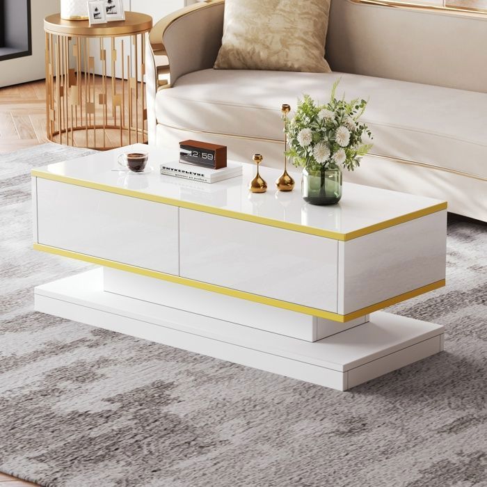 Table basse Moderne 2 Tiroirs Décor Doré Meuble Salon Rangement Canapé-Table 100x50x38 cm Blanc Brillant
