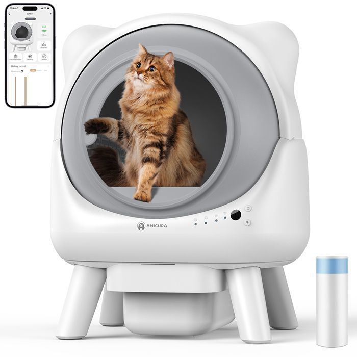 Litière Chat Autonettoyante 80L-2026 AMICURA X1 PLUS-Sécurité 10XContrôle des Odeurs 15 JoursJusquà 10KGavec APP-Blanc