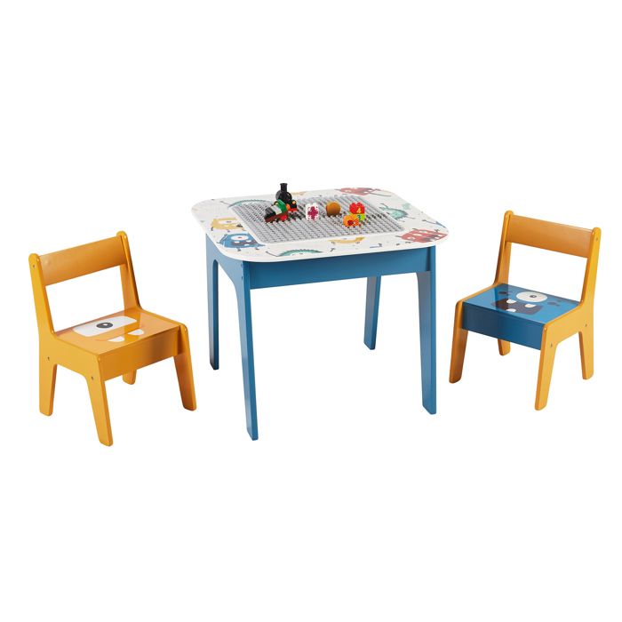 GINGER HOME Table Enfant Réversible avec 2 Chaises – Plateau Double Face Compatible Briques type LEGO Dessin & Activités MONSTER
