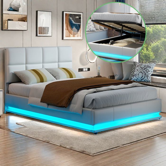 Lit Double 140x200cm Avec Rangement Et LED - Velours Vert, Tête De Lit Réglable, Sommier à Lattes, Hydraulique - Adulte