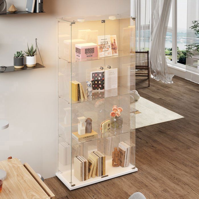 Vitrine en Verre Vitrine Armoire pour Collection avec Portes Lampe tactile-2 portes-4 étages-78.5×35×163cm-pour Salon/Chambre-Blanc