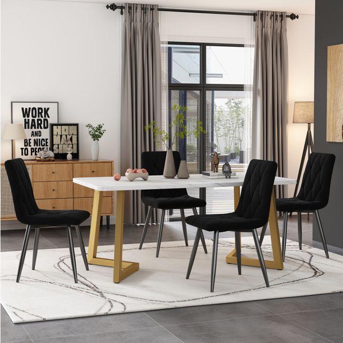 Ensemble de salle à manger 117x68 cm avec 4 chaises cuisine moderne chaise en velours noir pieds de table dorés