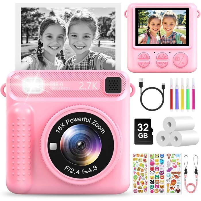 Appareil Photo Instantané Enfant 2 4 1080P Carte 32Go & Papier Impression Jouet Cadeau Fille Garçon 3-12 Ans