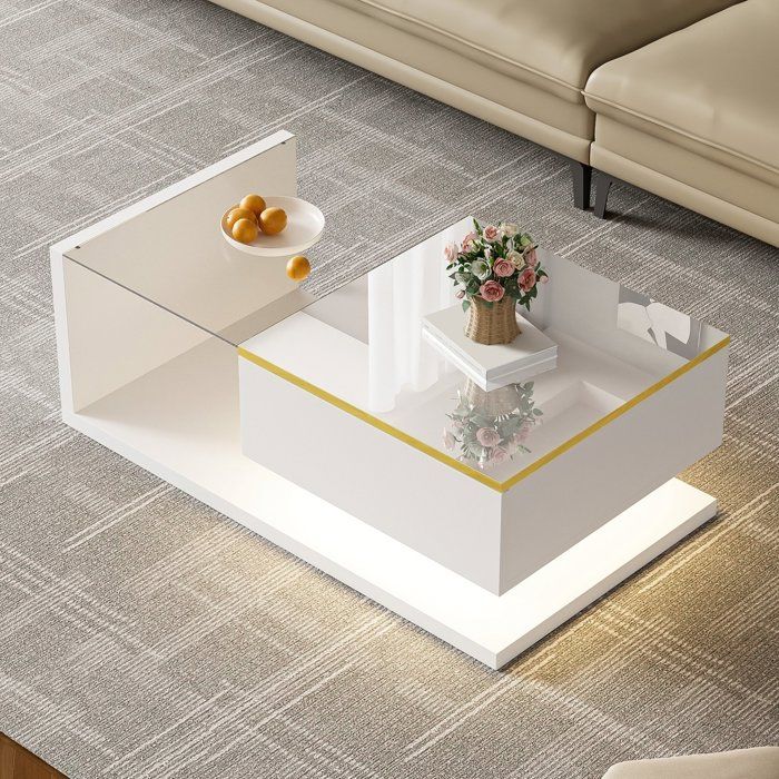 Table Basse à LED Plateau en Verre avec Rangement caché et Ouvert ables dappoint pour Salon 90x50x32.5 cm blanc