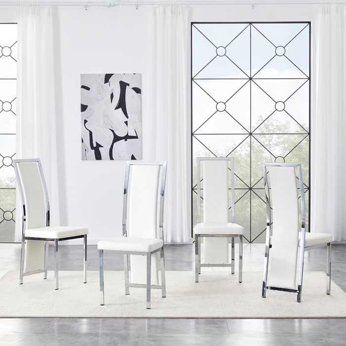 Lot de 4 chaises de salle à manger avec dossier haut métal similicuir PU blanc et couleur argenté