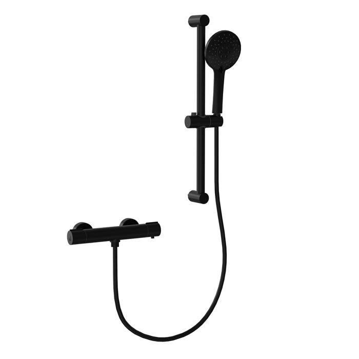 Mitigeur de douche thermostatique-Rond-Sortie basse unique + Barre coulissante-Douchette-Noir mat