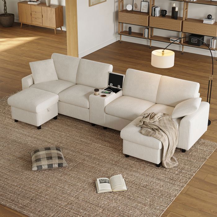 Canapé en U 5 places beige 315 x 135 x 81 cm avec USB prises et rangement