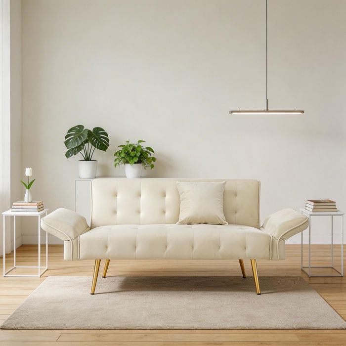 Canapé-lit convertible 2 places - Velours beige 178x82x70 cm - Dossiers & accoudoirs réglables - Mousse haute densité