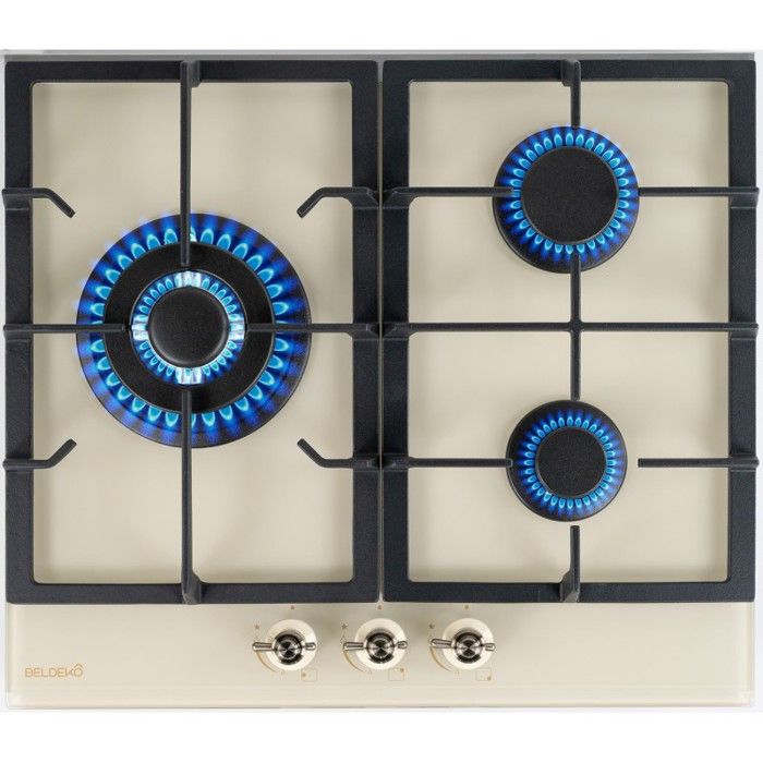 BELDEKO Plaque Gaz 3 Feux 6200W Beige Grilles Fonte - Marque Française