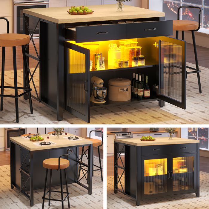 Îlot de CuisineBuffet Cuisine avec bande LED2 Tiroirs & PortesTable à manger avec Plan travail100×80×90cmNoir