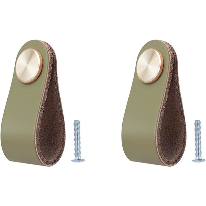 Lot de 2 poignées en cuir vintage pour meubles portes de placard tiroirs armoires commodes cuisine et salle de bain. - V - Vert