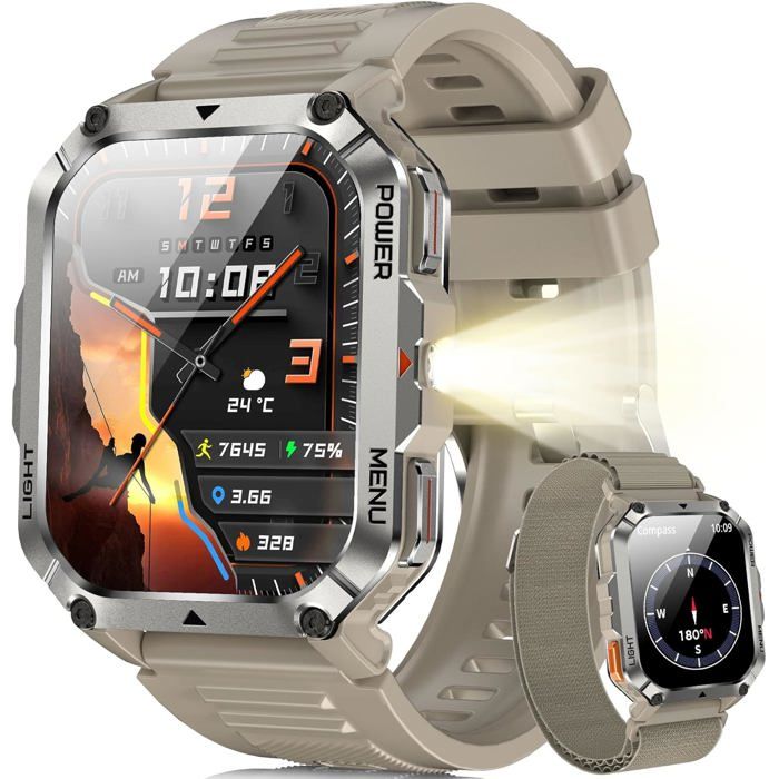 Montre Connectée Homme Avec 100 J Autonomie Montre Homme Boussole Et Lampe Torche Appels Bluetooth Smartwatch Surveillance Fréq