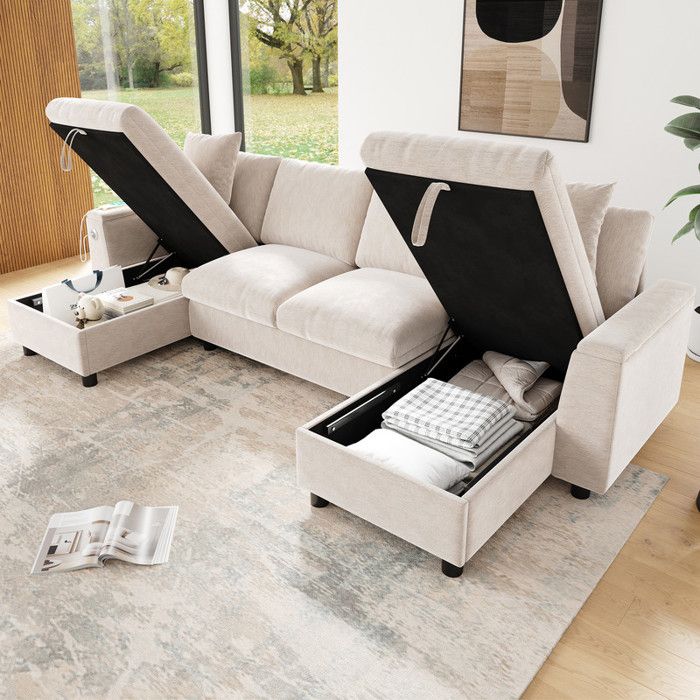 Canapé 4 places en U avec USB et Type-C Canapé moderne avec rangement dépliable et 2 places + 2 méridiennes Chenille Beige