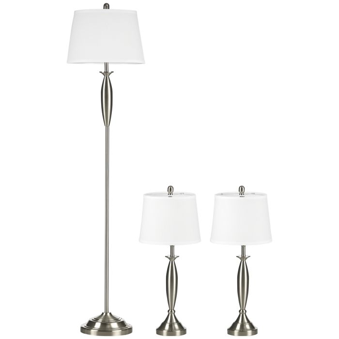 Ensemble de luminaires 3 pièces. 1 lampadaire 2 lampes de table aspect lin 38 cm x 38 cm x 158 cm argent et blanc