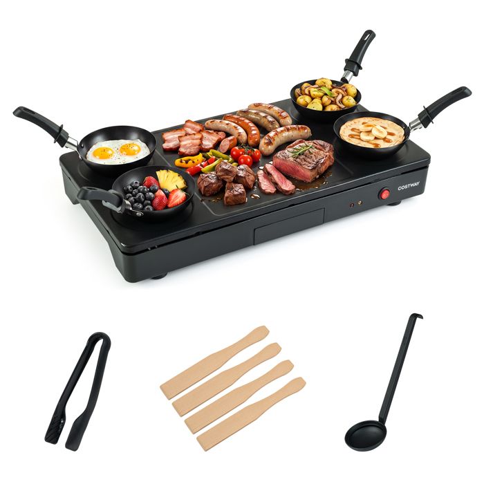 COSTWAY Plancha Électrique avec 4 Mini Woks Pince à Grill Cuillère Spatules en Bois et Bac à Graisse pour Voyage Camping