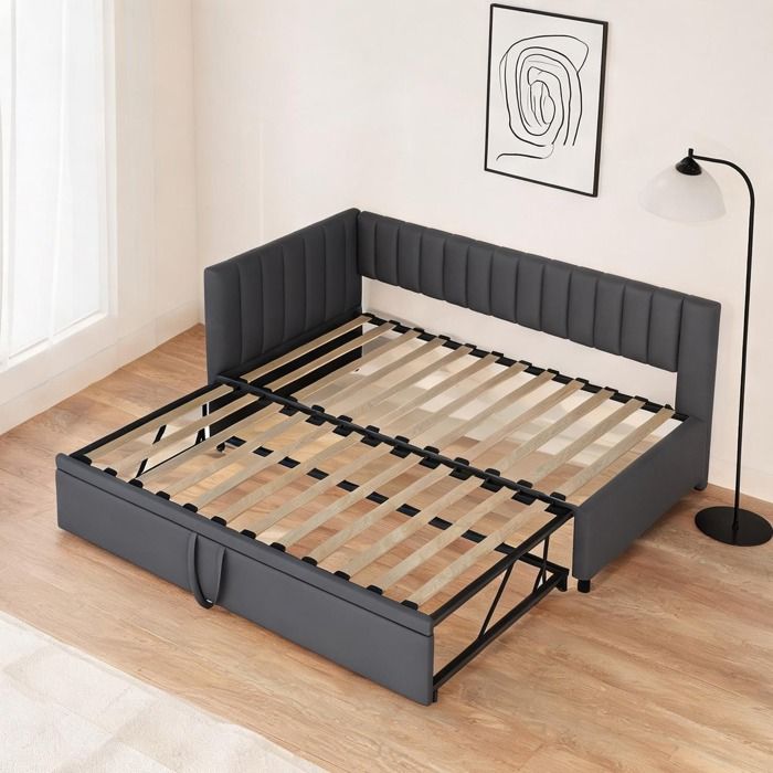 Canapé-lit d’angle L en velours classique gris convertible 90/180 x 200 cm design compact