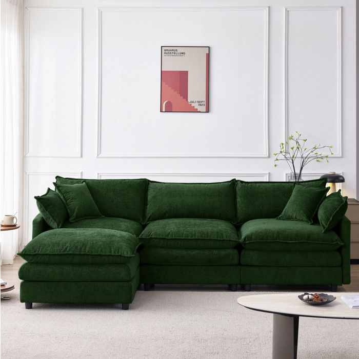Canapé d’angle modulable AESVAR 3 places avec méridienne et pouf chenille verte