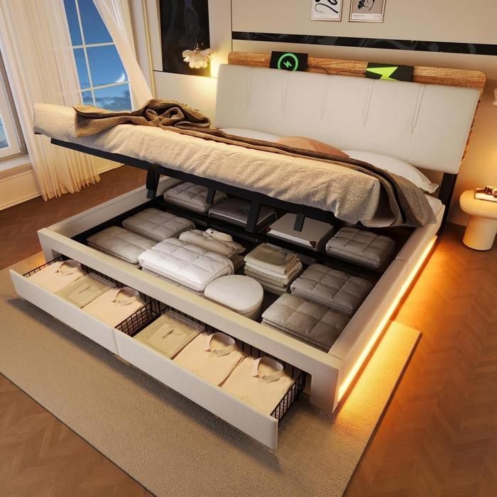 Lit capitonné - KOMHTOM - 180x200 cm - Lin - Rangement hydraulique - LED intégrée & chargeur USB-C