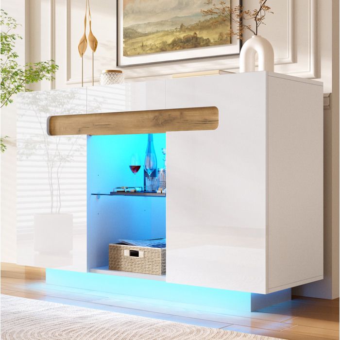 Buffet LED Blanc Brillant Bois Naturel Sideboard Moderne FloraGrace Pour Salon Ou Cuisine Avec Niches Ouvertes 120x40x80cm
