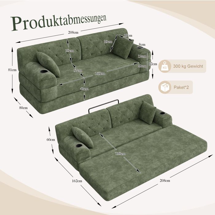 Canape-lit 3 places compresse vert en velours cotele avec dossier haut 2 porte-gobelets et 4 poches ORVRYN